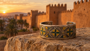 Antique Berber silver bracelet with green and yellow enamel in front of the ochre ramparts of Tiznit, Morocco