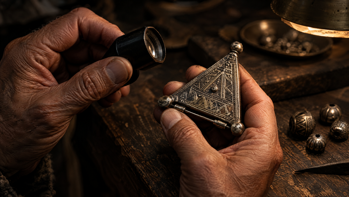 Hands examining an antique engraved Berber silver fibula with a jeweler's loupe on a wooden workbench