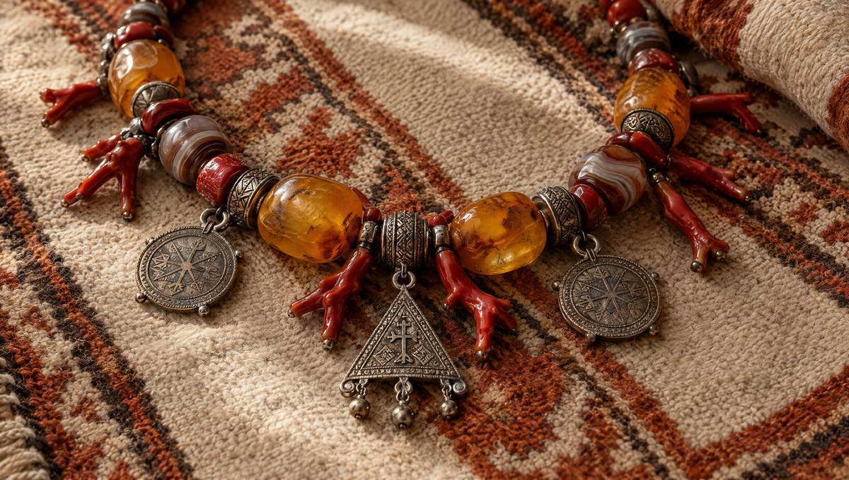 Antique Amazigh necklace with amber, red coral, agate and engraved silver pendants on a Berber wool textile