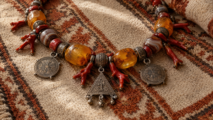Antique Amazigh necklace with amber, red coral, agate and engraved silver pendants on a Berber wool textile
