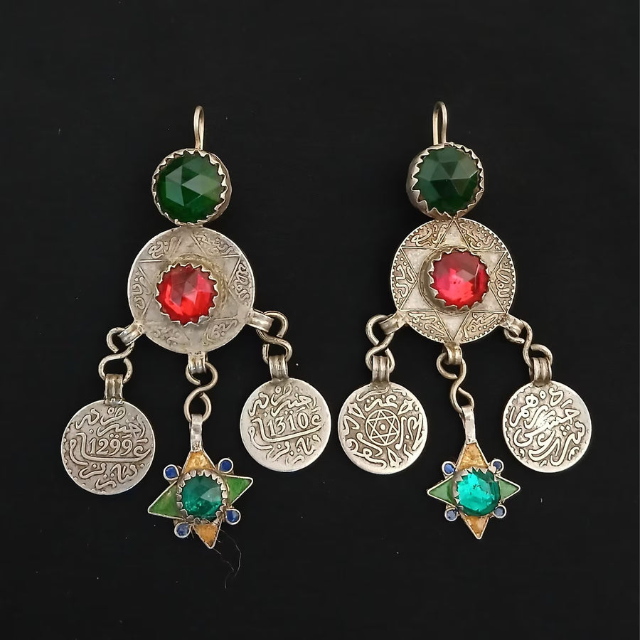 Ancient Berber Earrings in Silver & Enamel